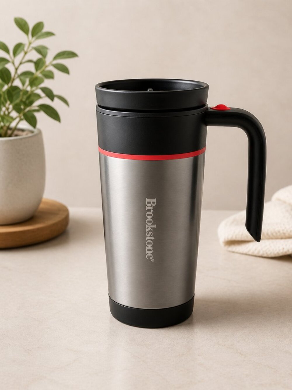 NWT Brookstone Black Stainless Battery Operated Self-Stirring Travel Mug, 14 oz